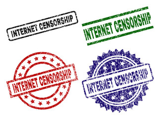 INTERNET CENSORSHIP seal prints with damaged style. Black, green,red,blue vector rubber prints of INTERNET CENSORSHIP label with retro style. Rubber seals with circle, rectangle, rosette shapes.