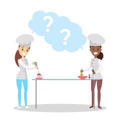 Female chef characters in apron cooking dessert