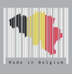 Barcode set the shape to Belgium map outline and flag color on the white barcode with grey background, text: Made in Belgium. concept of sale or business.