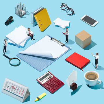 Conceptual image of business processes with businessman and businesswoman. Flat isometric view. Business, recruitment, human resources, communication, internet, teamwork and network concept. Miniature