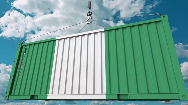 Cargo container with flag of Nigeria. Nigerian import or export related conceptual 3D animation