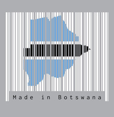 Barcode set the shape to Botswana map outline and flag color on the white barcode with grey background, text: Made in Botswana. concept of sale or business.