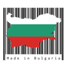 Map outline and flag of Bulgaria on black barcode with white background, text: Made in Bulgaria. concept of sale or business.