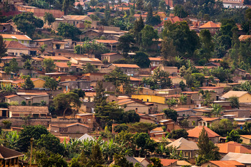 Fototapeta na wymiar View of closely packed houses on a hillside in Nyamirambo, a semi-rural suburb of Kigali, Rwanda