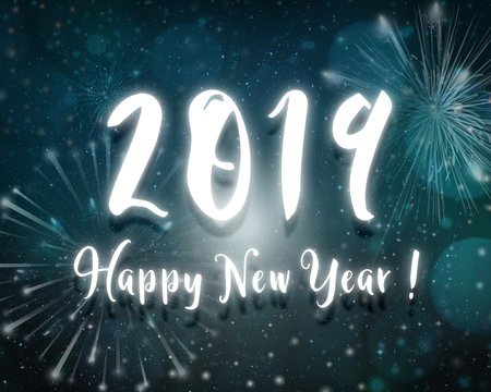 2019 happy new year neon light text blue night sky stars background with firework