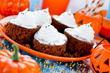 Ghost brownies, traditional Halloween dessert, funny treats for kids