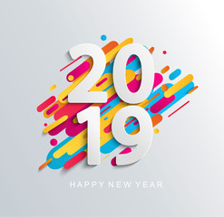 Creative happy new year 2019 banner on modern background for your seasonal flyers, greetings card and christmas themed invitations. Vector illustration. Vector illustration.