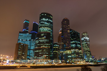 Moscow city, Moscow International Business Center at night in winter. Russia