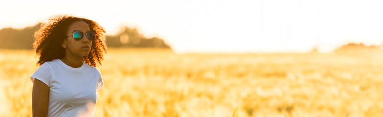 Mixed Race African American Girl Teen Sunglasses Standing Wheat Field
