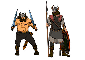 Vikings.A fearsome Berserker with two swords and a warrior with a spear and a shield.