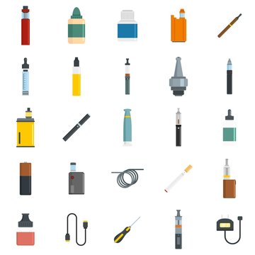 Electronic cigarette mod cig smoke icons set. Flat illustration of 25 electronic cigarette mod cig smoke vector icons for web