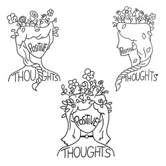 Hand Drawn Girls Head With Flowers Set. Vector illustration with Positive Thoughts Lettering