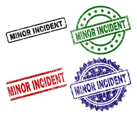 MINOR INCIDENT seal prints with corroded style. Black, green,red,blue vector rubber prints of MINOR INCIDENT title with unclean style. Rubber seals with circle, rectangle, medal shapes.