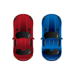 Two sports cars top view. Red and blue. Isolated on white background. Vector illustration.