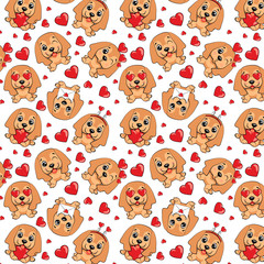 A pattern with small brown dogs with red hearts on a white background.