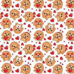 Obraz premium A pattern with small brown dogs with red hearts on a white background.