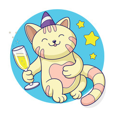 Kawaii style celebrating party cat with a glass of champagne in the paw vector illustration