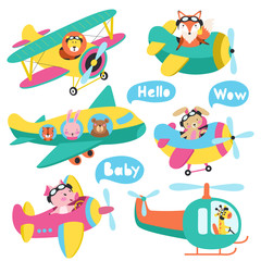 Set of cute animals flying on a airplanes hand drawn vector illustration