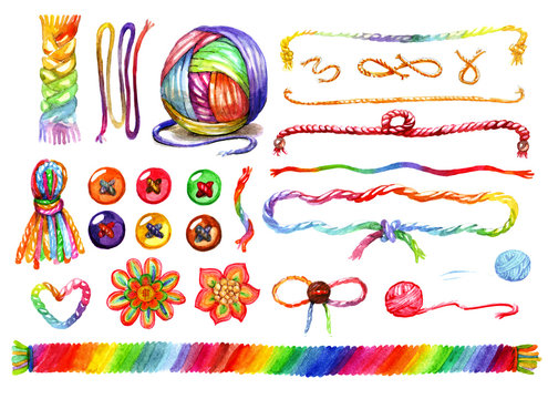 Multicolored colorful watercolor wool cords and tangle of rainbow colored threads drawn by hand isolated on white background illustration set.
