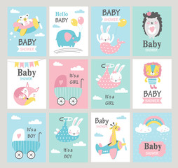Set of baby shower cards with cute animals. Vector illustrations
