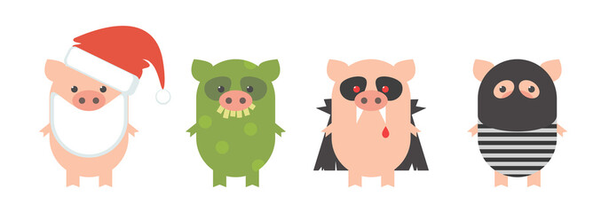 Pig, a set of funny pigs, in carnival costumes. Santa Claus, Troll, Dracula, Prisoner. Cartoon