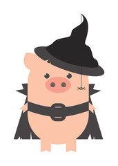 pig witch, Halloween, costume festival. Pig in a witch costume. Cartoon, vector