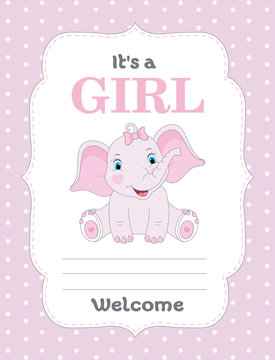 Baby Shower card with cute elephant. It's a girl. Vector illustration