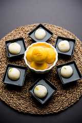 Rajbhog and Rasgulla or rosogolla are popular sweets offered to Goddess Durga in Navratri Festival, selective focus