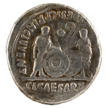 Ancient Roman silver denarius coin of Emperor Augustus. Reverse.