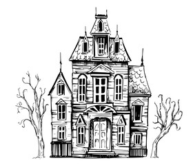 Hounted house. Halloween. Hand drawn sketch illustration. Vector