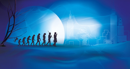Human evolution with businessman - Transition from nature to the city and technology - obrazy, fototapety, plakaty