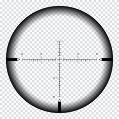 Realistic sniper sight with measurement marks. Sniper scope template isolated on transparent background. - obrazy, fototapety, plakaty