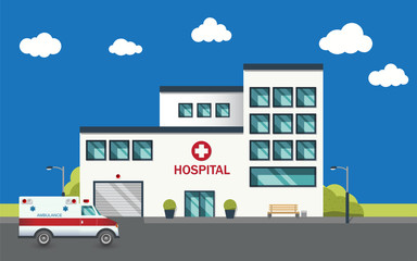 Panoramic background with hospital building and ambulance car in flat style. Medical concept, vector illustration.