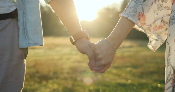 Close up of the male and female hands taking each other and holding on the beautiful lawn and sunset background.