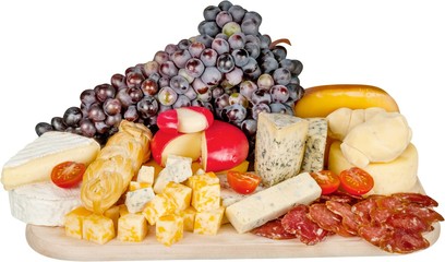 Cheeses, Cherry Tomatoes, Grape, Meat and Bread on the Wooden