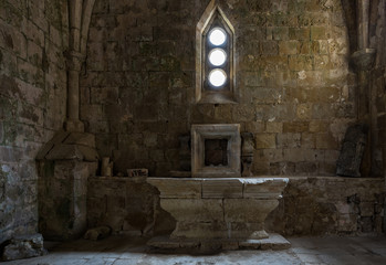 Ruins of ancient altar. Monastery of Santa Maria de Rioseco. Burgos. Spain.