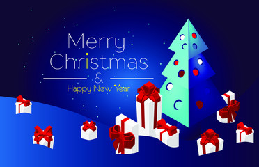 Merry Christmas and Happy New Year. Banner for the site. 2019 on a blue background with stars , Christmas trees and gifts. Isometric, 3d