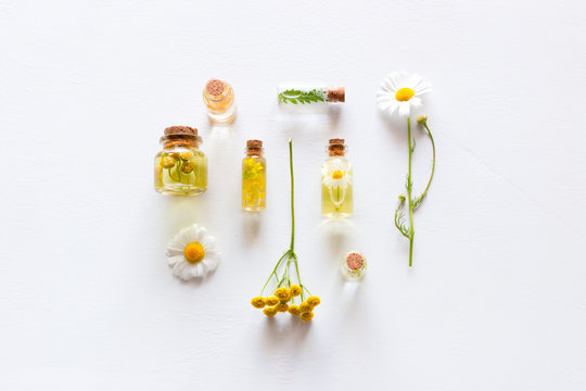 bottles with natural cosmetics for face and body care and wildflowers on a white background