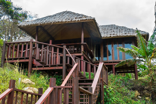 Wooden bungalow with stairs and thatched roof among palm trees