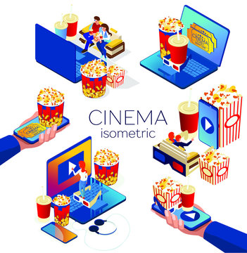 Cinema set. Illustrations for online movie views. Watch the movie on the phone ore laptop. Download and view the video at home on sofa. A smartphone with popcorn and cola in a human hand. Isometric 3d