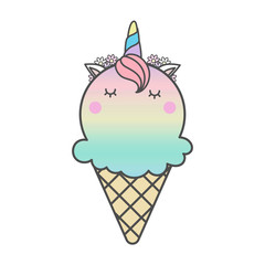 Cute unicorn's head on icecream cone with flowers isolated on white background.