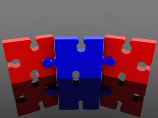 Row of three puzzle pieces in blue and red color