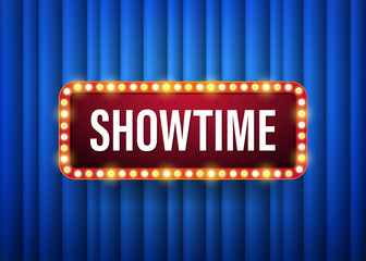 Showtime. text with electric bulbs frame on blue background. Vector illustration - obrazy, fototapety, plakaty