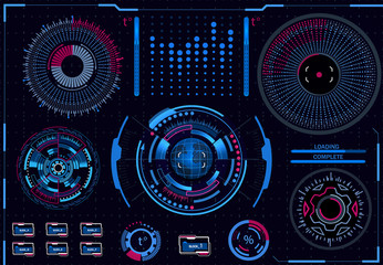 Obraz premium Computer control processes. Diagnostic stand. Virtual graphic interface, electronic lens, HUD elements. illustration