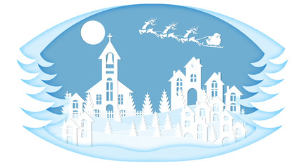 New Year. Christmas. Stylized framework. An image of Santa Claus and deer landscape. cut from white paper. illustration
