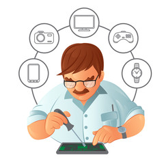 Old mustachioed repairman in glasses repairing gadget with a screwdriver in service center with digital device icons. Vector illustration isolated on white background. Great for print and web design