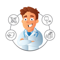 Happy smiling male young online assistance and doctor with crossed arms and medical service icons around. Virtual medical consultation and support vector flat illustration isolated on white background