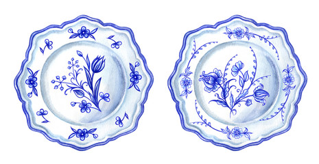 Two plates with blue floral pattern, watercolor drawing on white background, isolated.