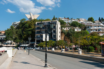 Ulcinj a historic town located on the southern coast of Montenegro. Streets with shops, hotels and restaurants for tourists.