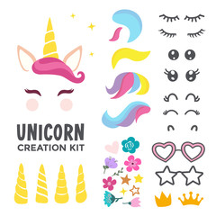 Unicorn creation kit of cute cartoon unicorn character vector illustration. Create your own unicorn face © Wink Images